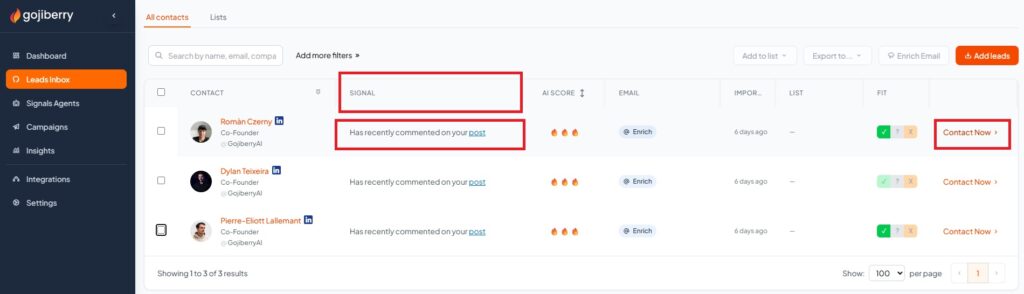 Dans Leads Inbox, Gojiberry AI affiche la liste des contacts des clients potentiels qualifiés. Il affiche le signal ayant permis de les qualifier. Il donne accès au lien vers leurs coordonnées pour leur envoyer un message.