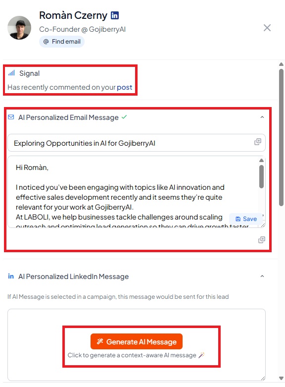 Pour chaque contact qualifié, Gojiberry AI propose la génération d'un message personnalisé en fonction du signal ayant permis la qualification. Ce message augmente le taux d'ouverture, le taux de réponse, et la conversion des prospects.
