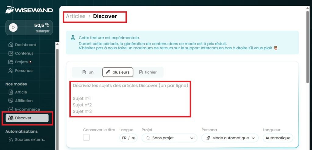 Menu Wisewand pour configurer la génération automatique d'articles discover et favoriser l'augmentation de trafic pour maximiser les revenus publicitaires