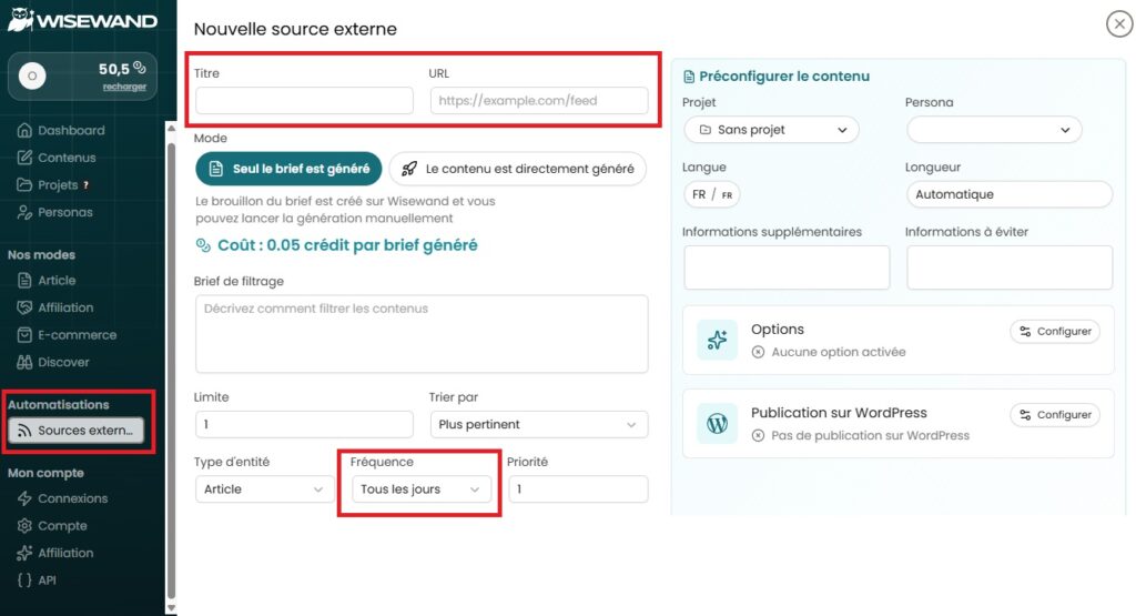 Menu Wisewand pour configurer la génération automatique d'articles inspiré d'autres sources sur la même thématique et favoriser le référencement et l'évolution du site vers les meilleurs métriques dans les outils SEO