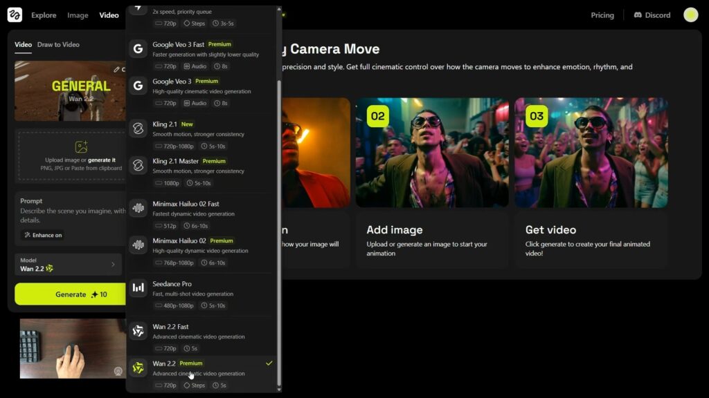 Voici l'endroit exact dans le menu de Higgsfield pour créer votre propre vidéo IA mimétique : ajouter votre photo (JPG ou PNG), sélectionnez une vidéo, choisissez le model Wan, cliquez sur "Generate", et laissez la magie opérer !